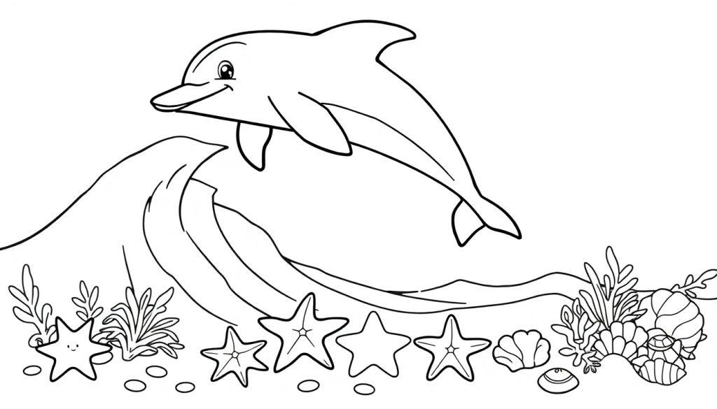 Schwarz-Weiß-Farbtafel: Ein fröhlicher Delfin springt elegant aus einer Welle, umgeben von detailreichen Darstellungen von Seesternen, Algen, Korallen und Muscheln am Meeresboden.