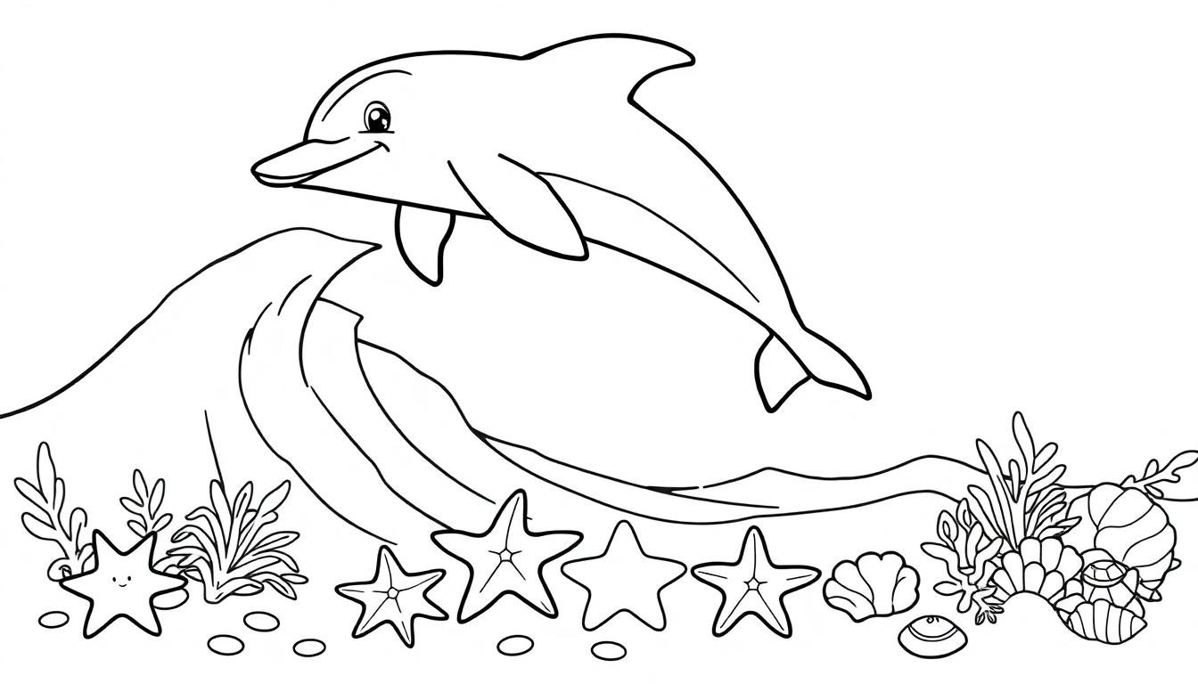 Schwarz-Weiß-Farbtafel: Ein fröhlicher Delfin springt elegant aus einer Welle, umgeben von detailreichen Darstellungen von Seesternen, Algen, Korallen und Muscheln am Meeresboden.