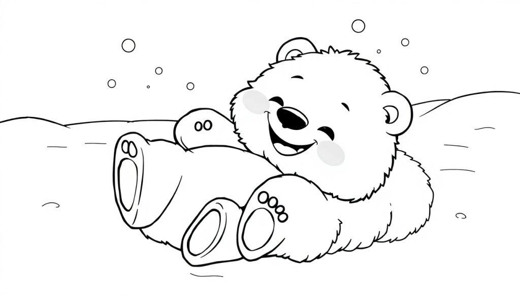 Eine Farbtafel-Farbvorlage eines niedlichen Cartoon-Eisbären, der fröhlich im Schnee spielt.