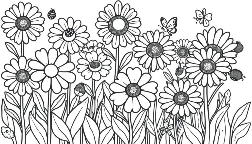 Schwarz-weiße Farbtafel mit Blumen, Blättern und Insekten für Kinder zum Ausmalen.