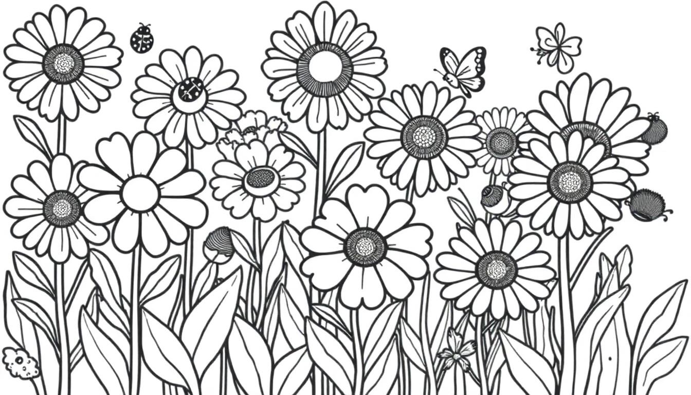 Schwarz-weiße Farbtafel mit Blumen, Blättern und Insekten für Kinder zum Ausmalen.