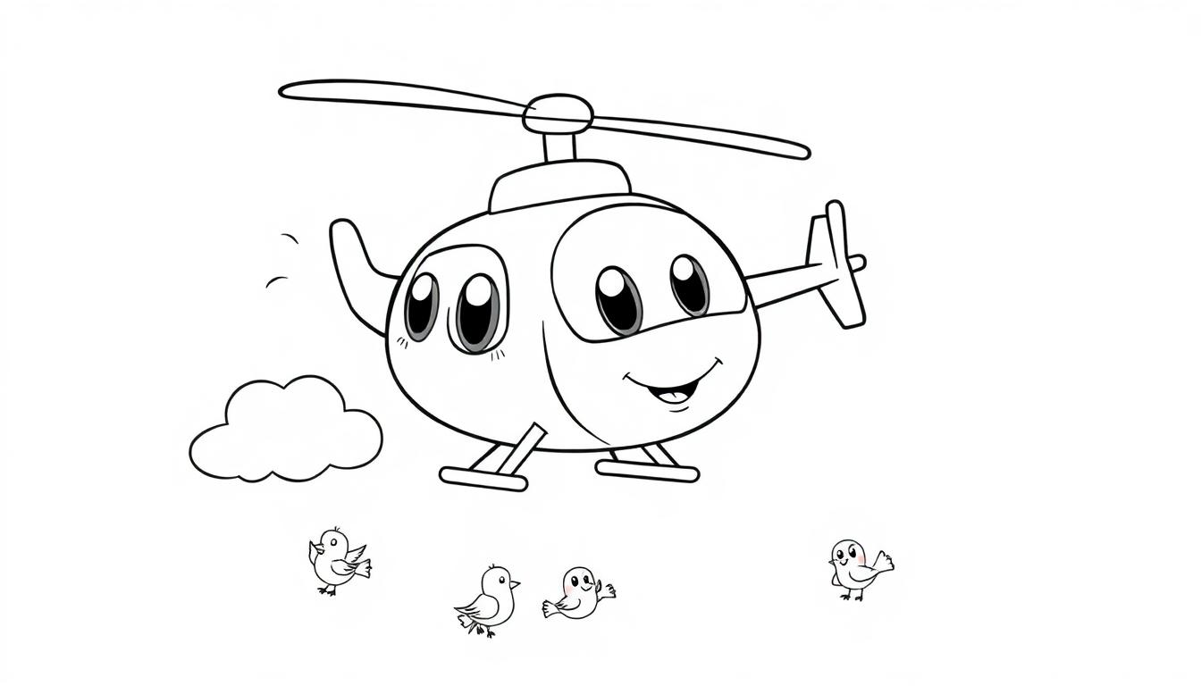 Freundlicher Cartoon-Hubschrauber mit Wolke und Vögeln – Schwarz-Weiß-Farbtafel