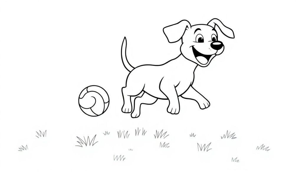 Schwarz-Weiß-Farbtafel eines Cartoon-Hundes, der fröhlich einen Ball im Park jagt.