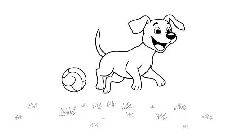 Schwarz-Weiß-Farbtafel eines Cartoon-Hundes, der fröhlich einen Ball im Park jagt.