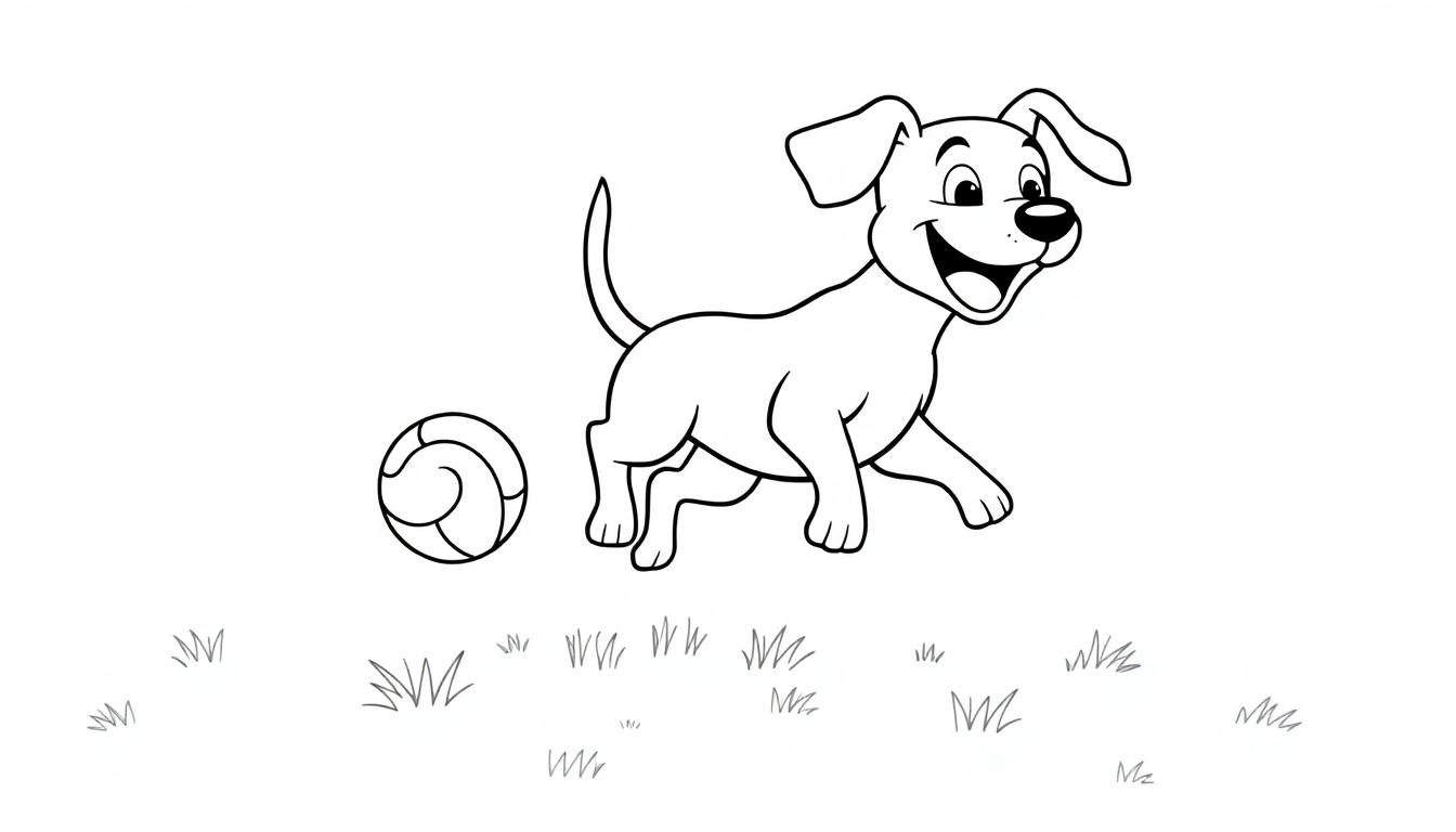 Schwarz-Weiß-Farbtafel eines Cartoon-Hundes, der fröhlich einen Ball im Park jagt.