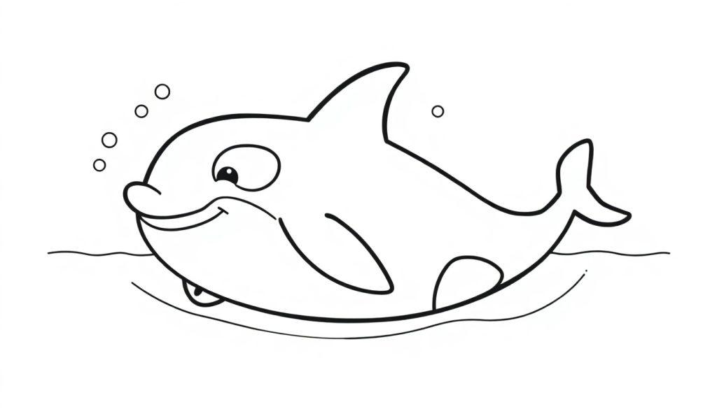 Eine einfache Schwarz-Weiß-Farbtafel eines lächelnden Cartoon-Orcas, der im Wasser schwimmt, mit Blasen um ihn herum.