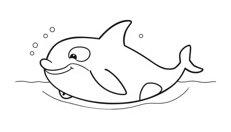 Eine einfache Schwarz-Weiß-Farbtafel eines lächelnden Cartoon-Orcas, der im Wasser schwimmt, mit Blasen um ihn herum.