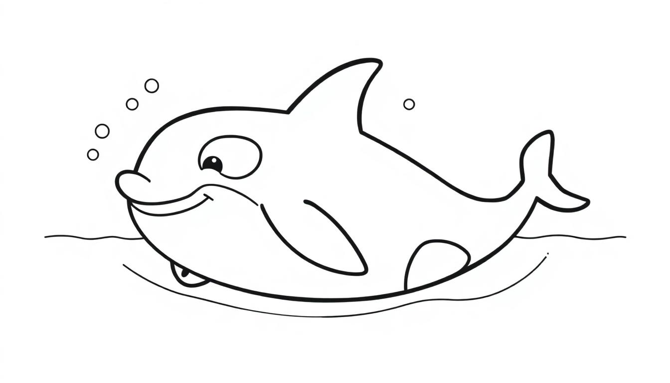 Eine einfache Schwarz-Weiß-Farbtafel eines lächelnden Cartoon-Orcas, der im Wasser schwimmt, mit Blasen um ihn herum.
