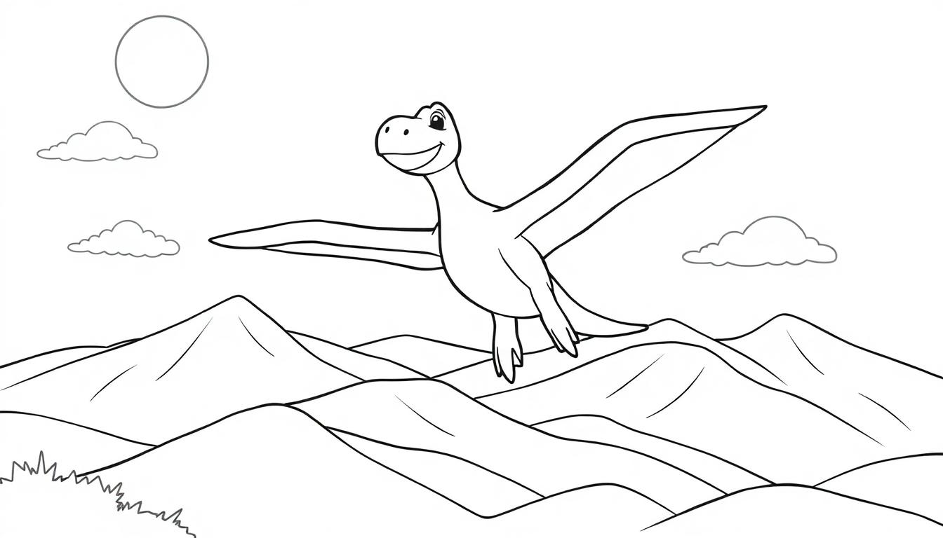 Eine Schwarz-Weiß-Farbtafel eines lächelnden Pteranodons, der über sanfte Hügel fliegt.