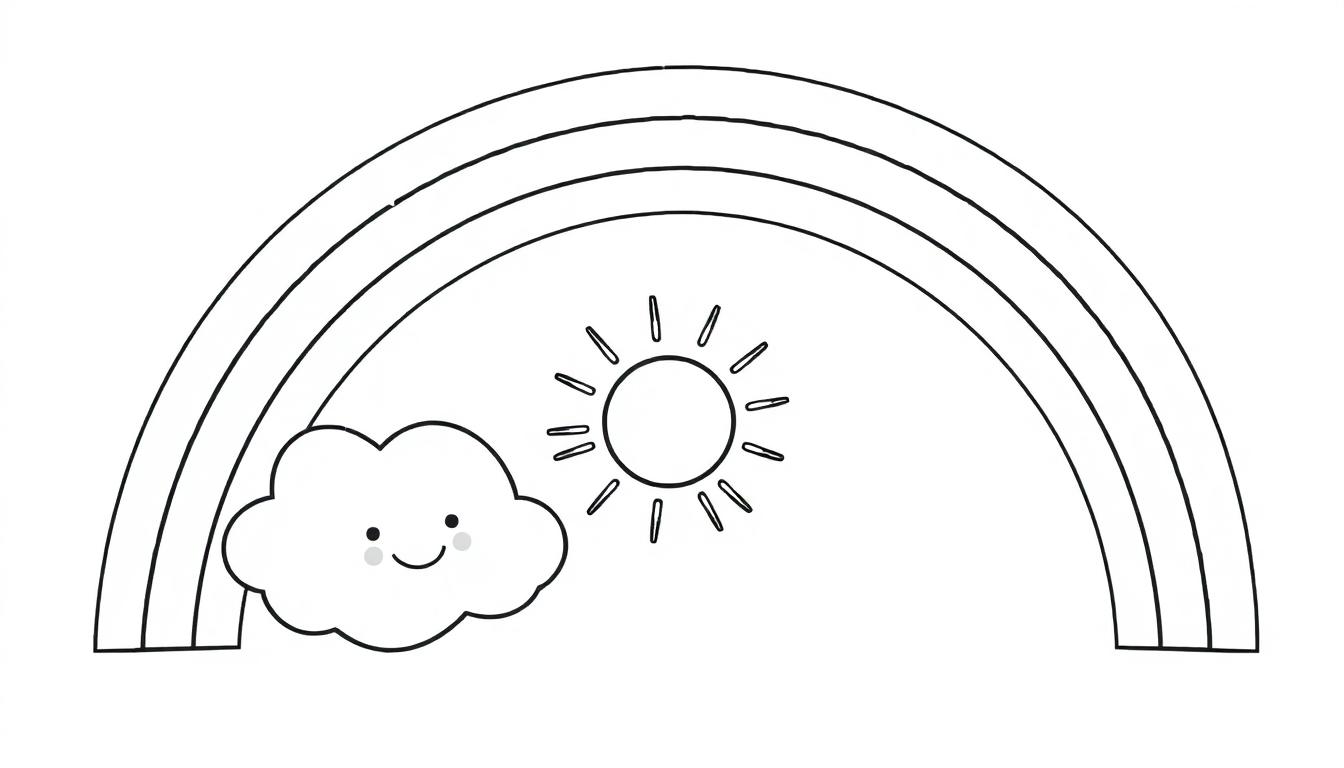 Schwarz-Weiß-Farbtafel eines lächelnden Regenbogens mit Sonne und Wolke.