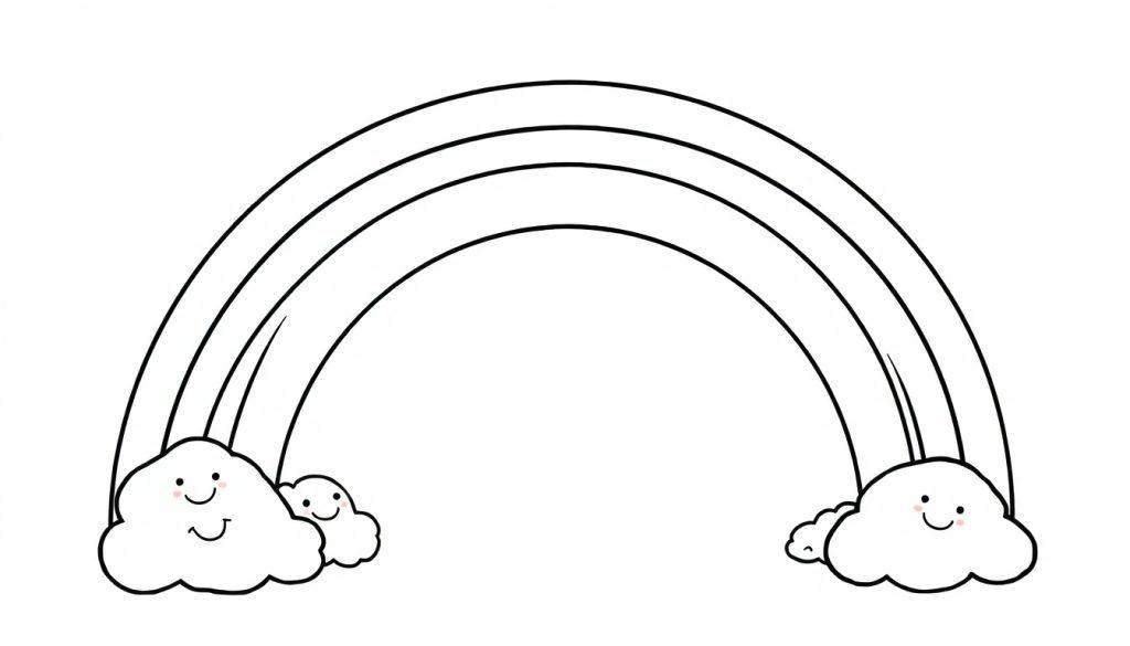 Eine Schwarz-Weiß-Farbtafel eines freundlichen Regenbogens mit drei Bögen und lächelnden Wolken an beiden Enden.