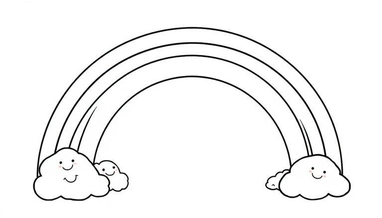 Eine Schwarz-Weiß-Farbtafel eines freundlichen Regenbogens mit drei Bögen und lächelnden Wolken an beiden Enden.
