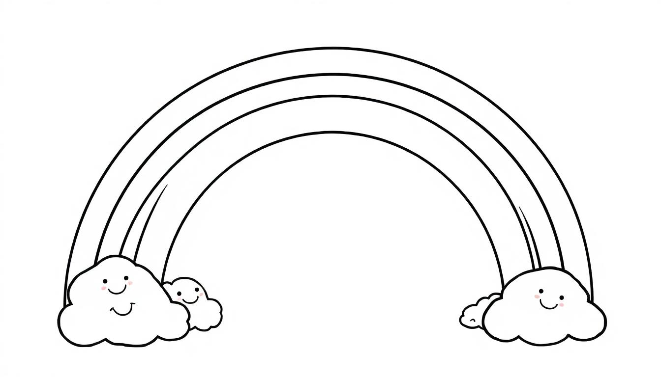Eine Schwarz-Weiß-Farbtafel eines freundlichen Regenbogens mit drei Bögen und lächelnden Wolken an beiden Enden.