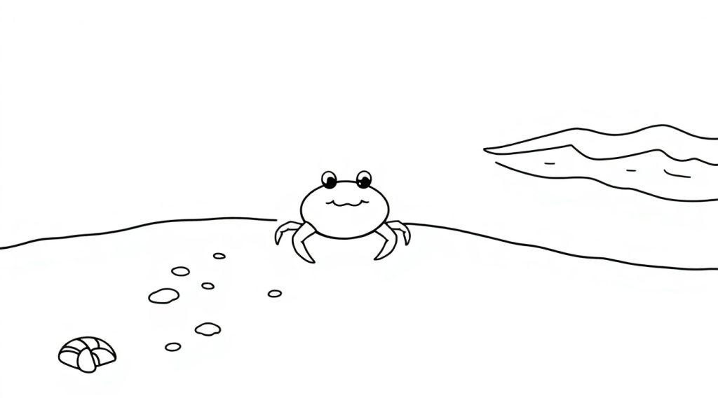 Eine schwarz-weiße Farbtafel-Zeichnung einer niedlichen Cartoon-Krabbe am Strand mit einer Muschel und einer angedeuteten Welle.