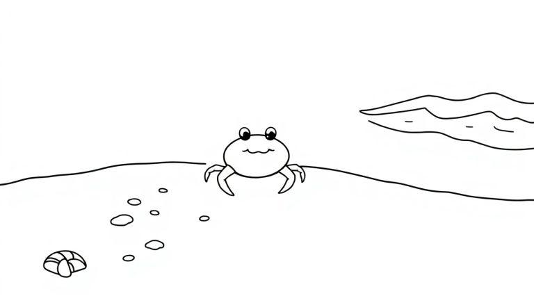 Eine schwarz-weiße Farbtafel-Zeichnung einer niedlichen Cartoon-Krabbe am Strand mit einer Muschel und einer angedeuteten Welle.