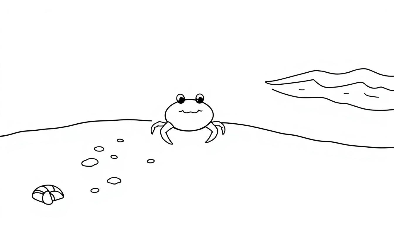 Eine schwarz-weiße Farbtafel-Zeichnung einer niedlichen Cartoon-Krabbe am Strand mit einer Muschel und einer angedeuteten Welle.