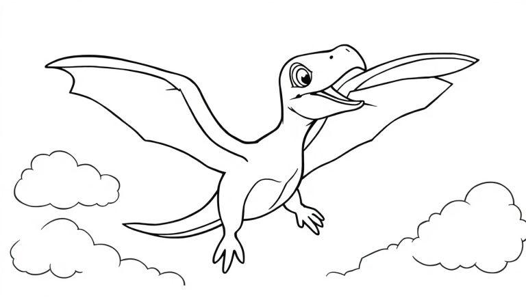 Schwarz-Weiß-Farbtafel-Zeichnung eines freundlichen, fliegenden Pteranodons mit ausgebreiteten Flügeln und offenem Schnabel vor stilisieren Wolken.