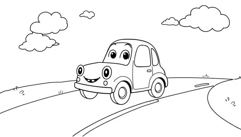 Ein fröhliches Cartoon-Auto fährt auf einer Straße mit einer Farbtafel.