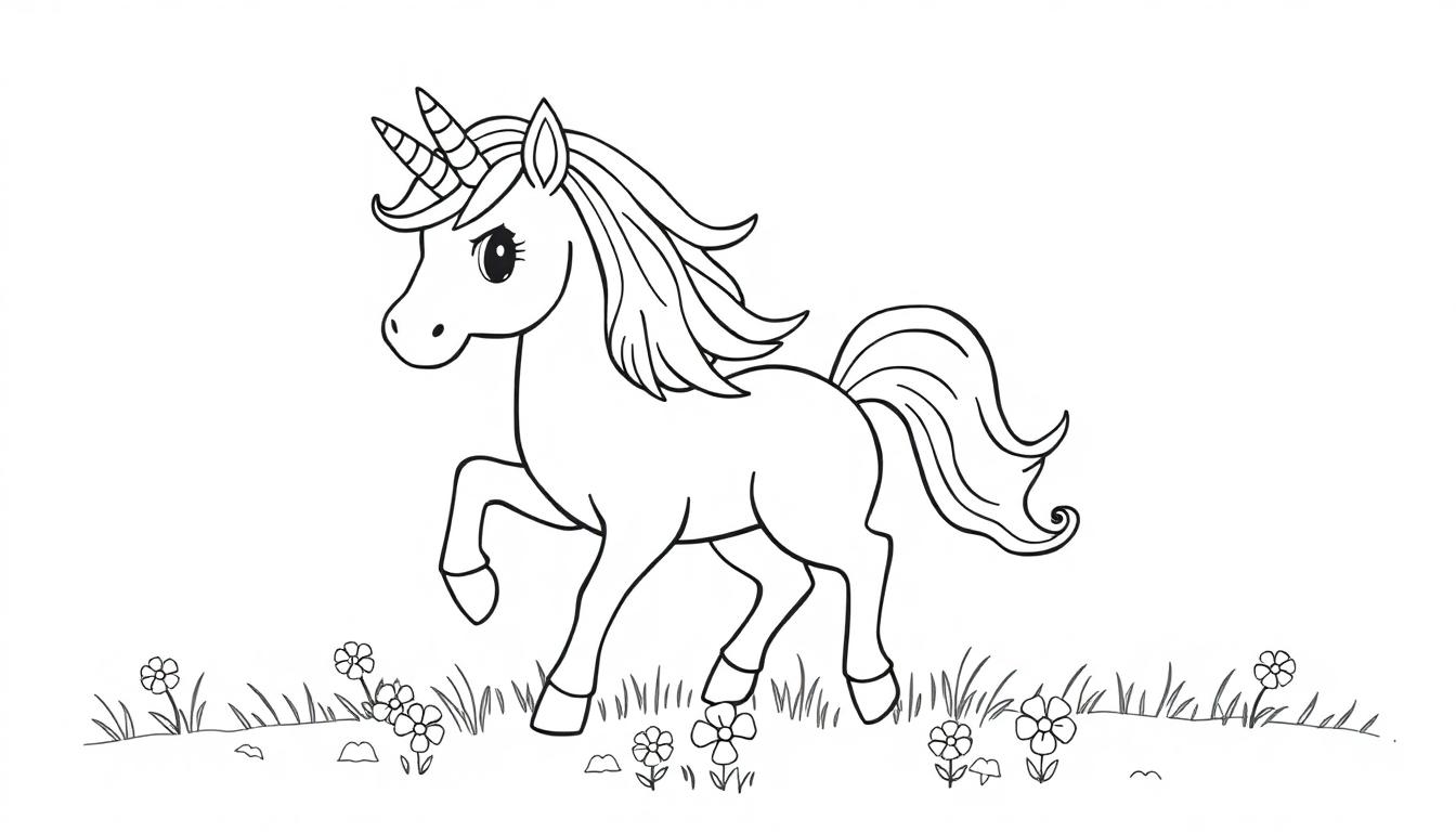 Schwarz-weiße Cartoon-Farbtafel eines Einhorns, das auf einer Blumenwiese steht und ein Bein angehoben hat.