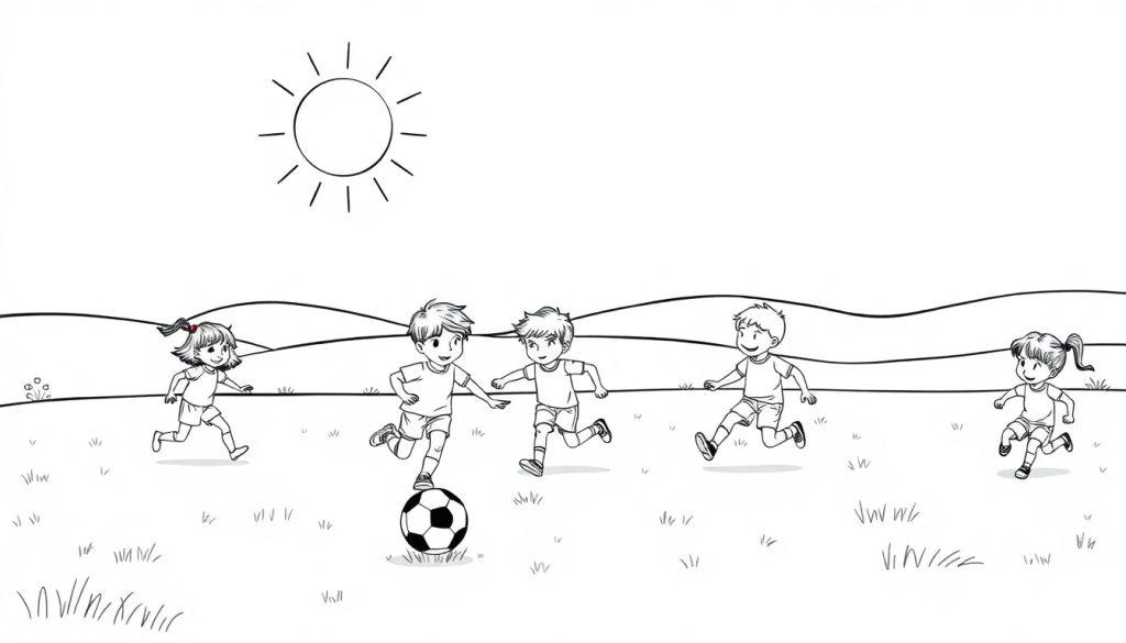 Schwarz-weiße Farbtafel-Zeichnung von Kindern beim Fußballspielen auf einem Hügel unter einer Sonne.