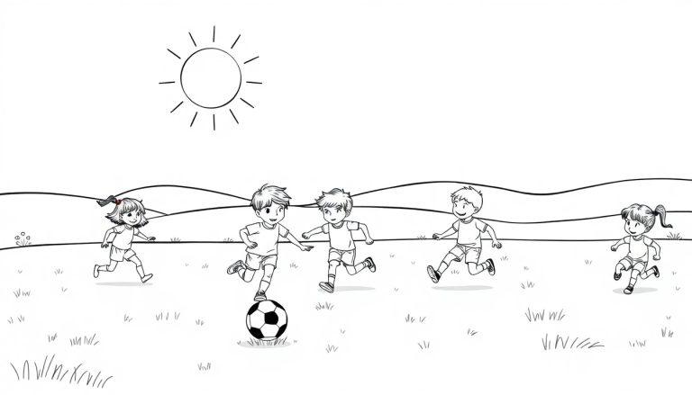 Schwarz-weiße Farbtafel-Zeichnung von Kindern beim Fußballspielen auf einem Hügel unter einer Sonne.