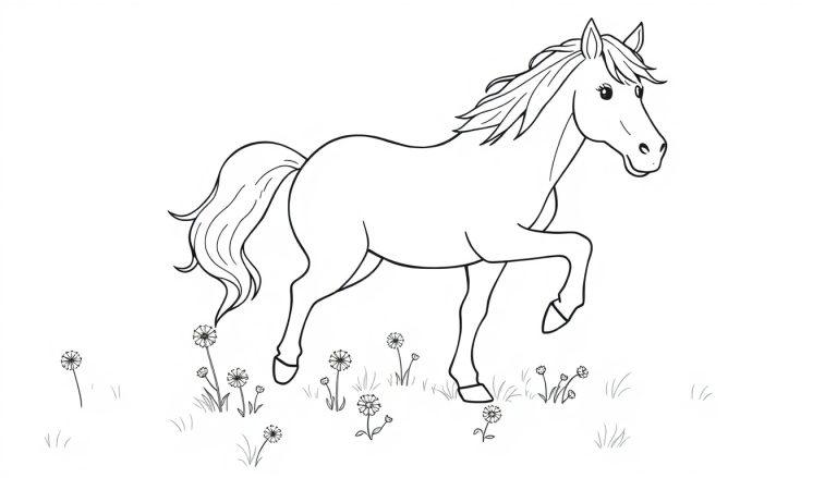 Schwarz-weiß-Farbtafel-Illustration eines Pferdes, das über eine Wiese voller Gänseblümchen galoppiert.