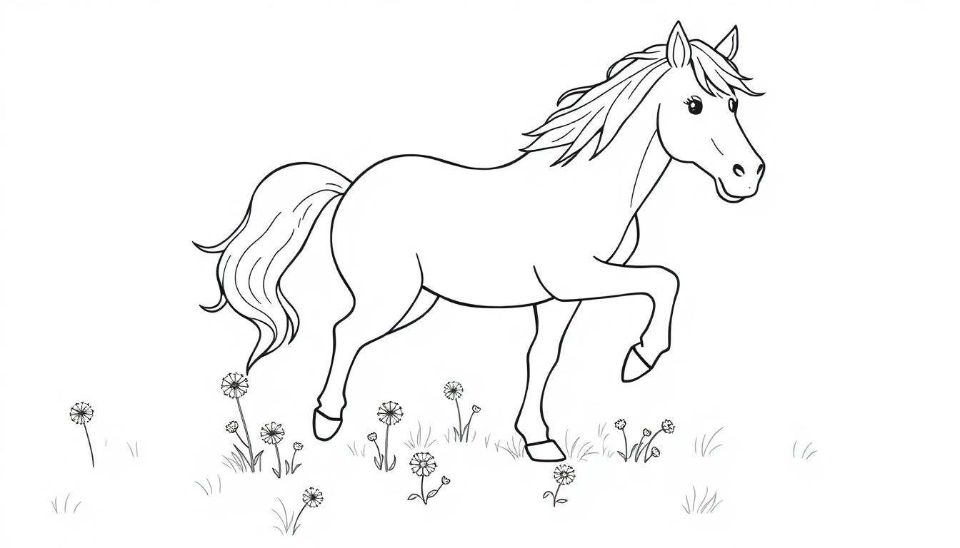 Schwarz-weiß-Farbtafel-Illustration eines Pferdes, das über eine Wiese voller Gänseblümchen galoppiert.