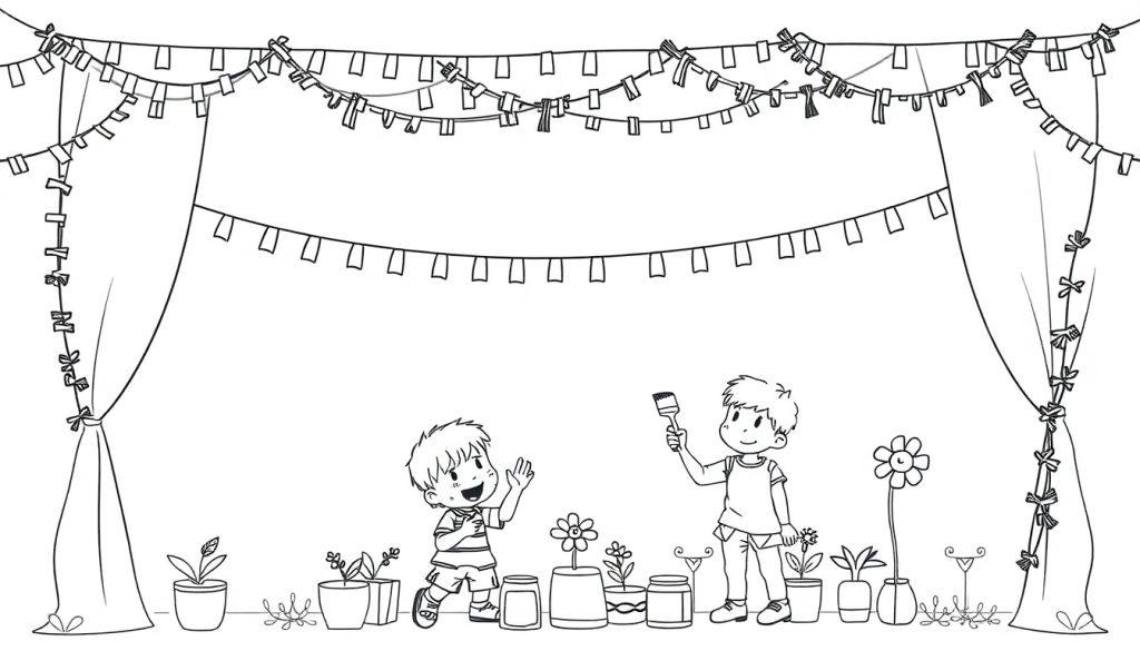 Schwarz-weiß Farbtafel-Illustration zweier Jungen auf einer Bühne mit Girlanden und Pflanzen.