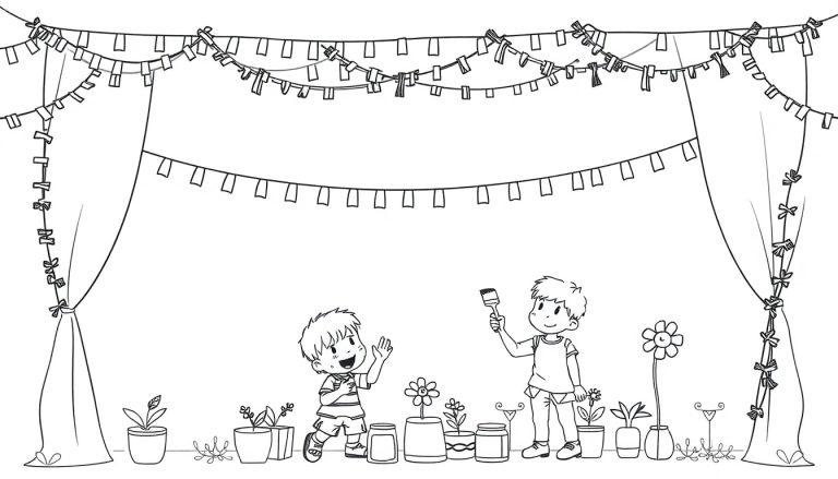 Schwarz-weiß Farbtafel-Illustration zweier Jungen auf einer Bühne mit Girlanden und Pflanzen.