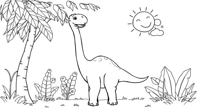 Eine freundliche Farbtafel eines Brachiosaurus, der unter einer Palme und der Sonne steht.