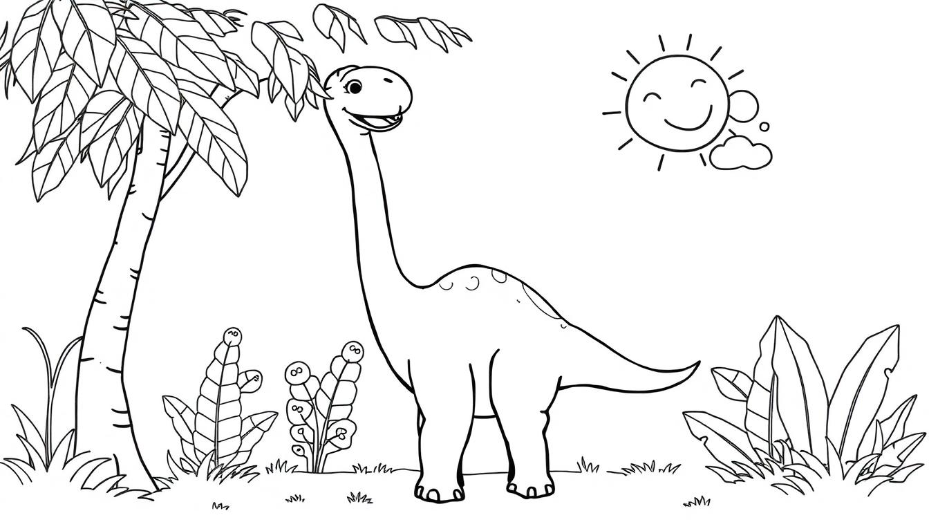 Eine freundliche Farbtafel eines Brachiosaurus, der unter einer Palme und der Sonne steht.