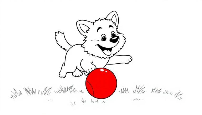 Ein Cartoon-Welpe spielt mit einem roten Ball als Farbtafel zum Ausmalen.