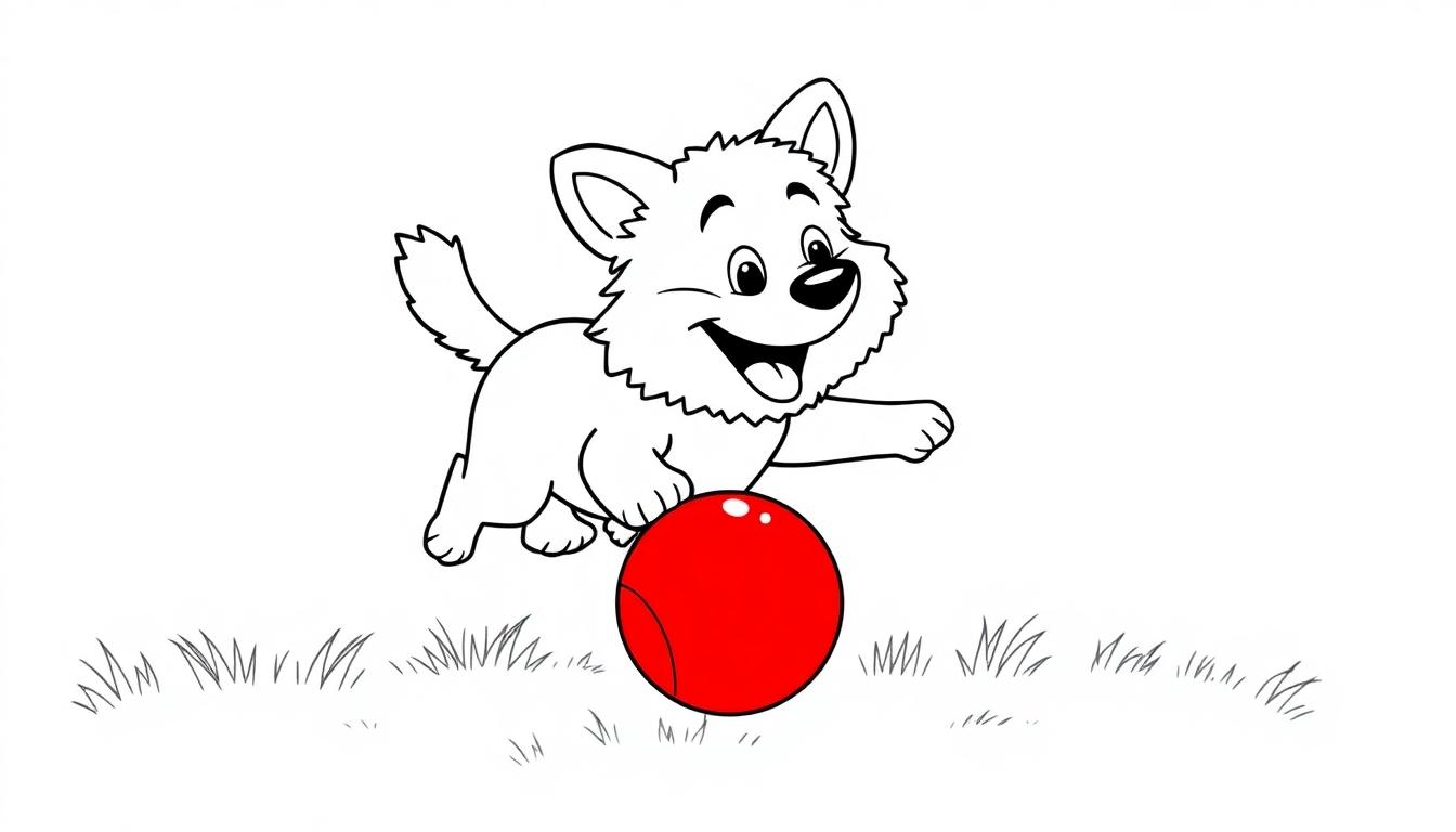 Ein Cartoon-Welpe spielt mit einem roten Ball als Farbtafel zum Ausmalen.