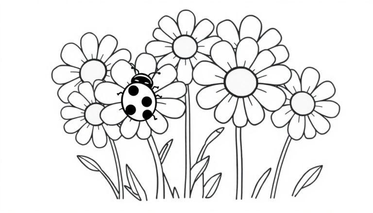Farbtafel mit Gänseblümchen und Marienkäfer