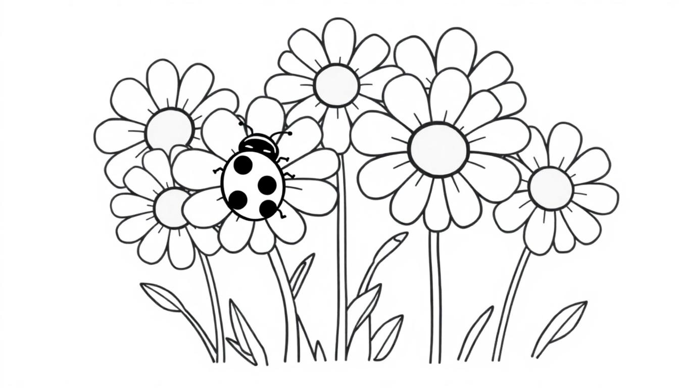 Farbtafel mit Gänseblümchen und Marienkäfer