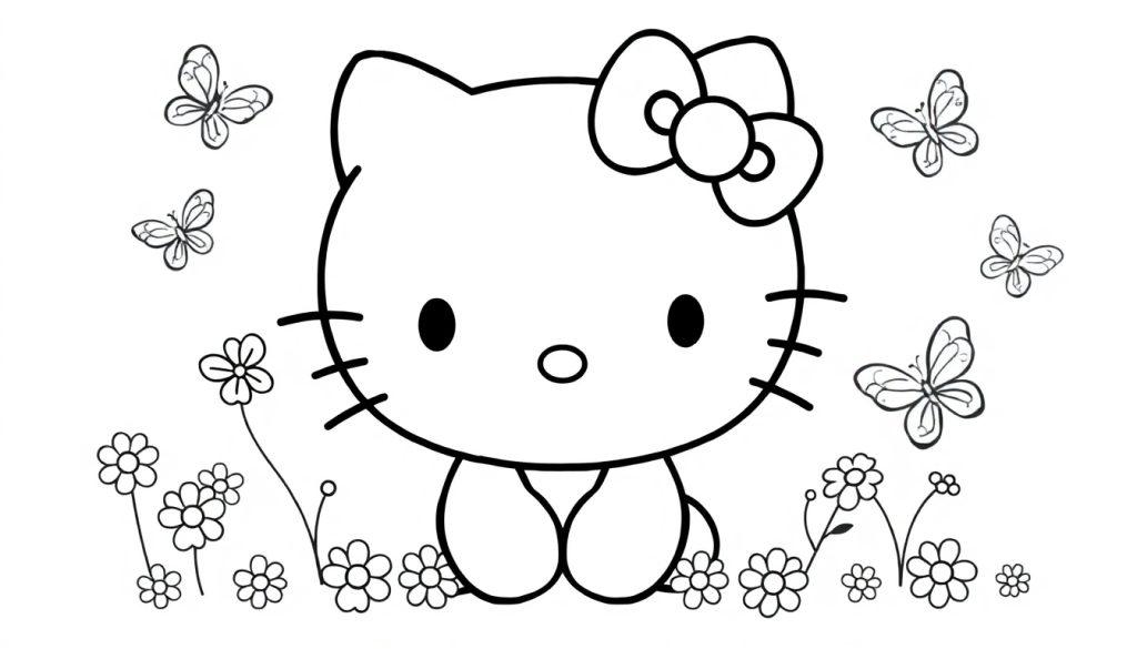 Farbtafel: Hello Kitty in einer Blumenwiese mit Schmetterlingen, lächelnd, mit einer Schleife auf dem Kopf.