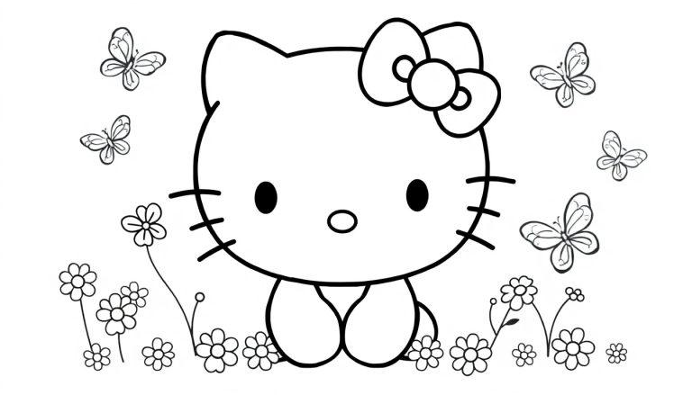 Farbtafel: Hello Kitty in einer Blumenwiese mit Schmetterlingen, lächelnd, mit einer Schleife auf dem Kopf.