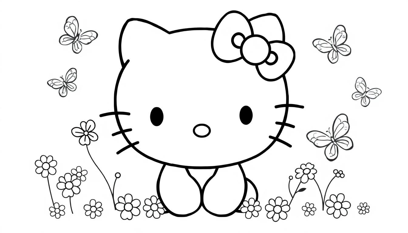 Farbtafel: Hello Kitty in einer Blumenwiese mit Schmetterlingen, lächelnd, mit einer Schleife auf dem Kopf.