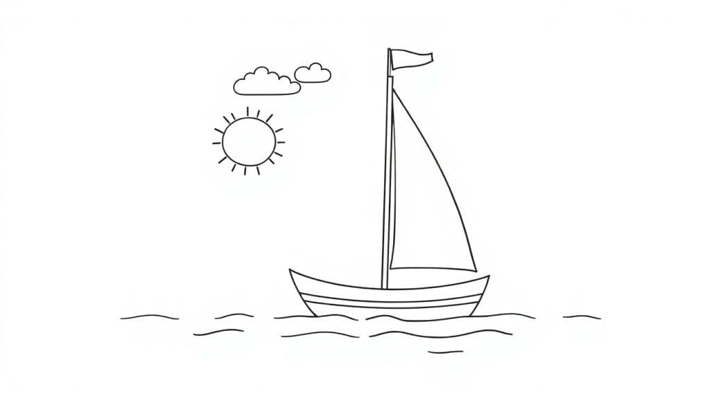 Schwarz-Weiß-Farbtafel eines Segelboots mit Sonne und Wolken im Hintergrund.