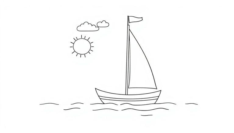 Schwarz-Weiß-Farbtafel eines Segelboots mit Sonne und Wolken im Hintergrund.