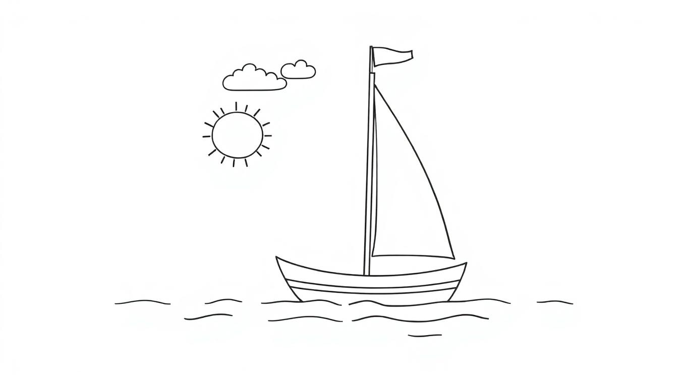 Schwarz-Weiß-Farbtafel eines Segelboots mit Sonne und Wolken im Hintergrund.