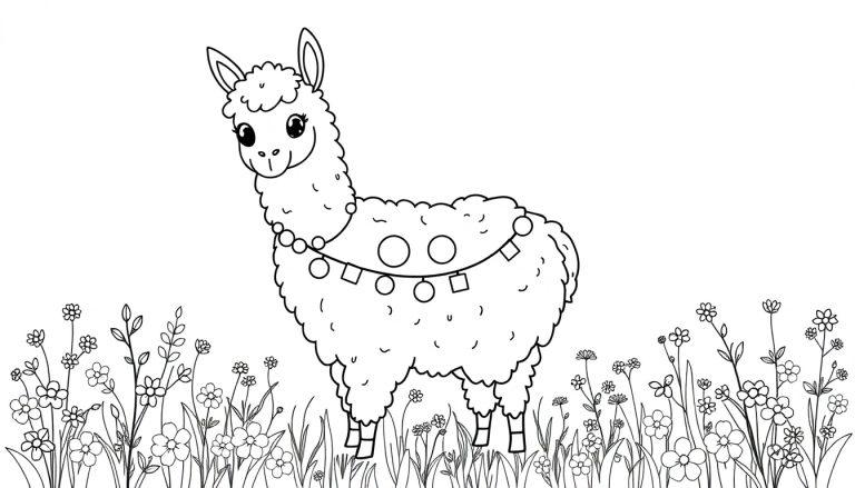 Eine Schwarz-Weiß-Farbtafel eines Lamas mit einer Girlande aus Kreisen und Quadraten.