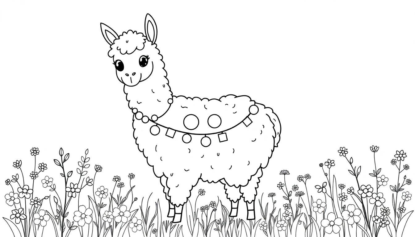 Eine Schwarz-Weiß-Farbtafel eines Lamas mit einer Girlande aus Kreisen und Quadraten.