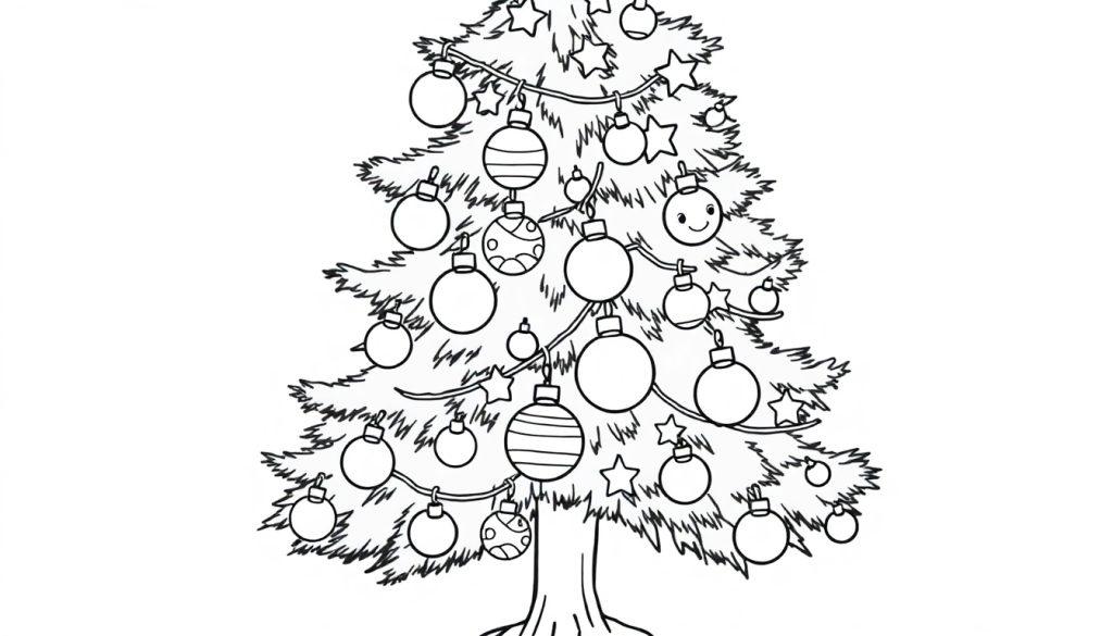 Schwarz-Weiß-Farbtafel eines fröhlichen Weihnachtsbaums mit Ornamenten.