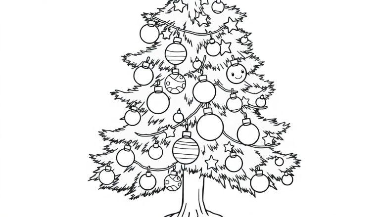 Schwarz-Weiß-Farbtafel eines fröhlichen Weihnachtsbaums mit Ornamenten.