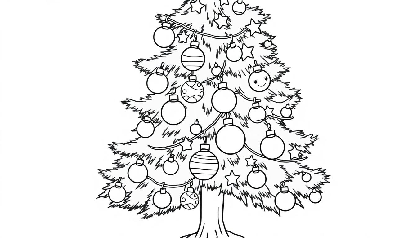 Schwarz-Weiß-Farbtafel eines fröhlichen Weihnachtsbaums mit Ornamenten.
