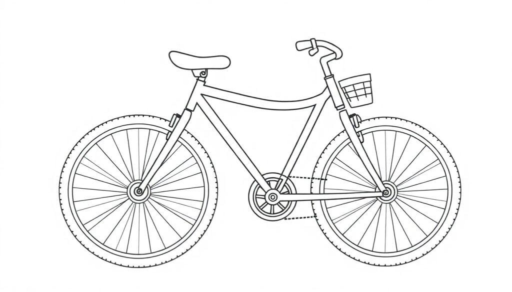 Eine lustige Fahrrad-Farbtafel für Kinder mit Korb und vielen Speichen.
