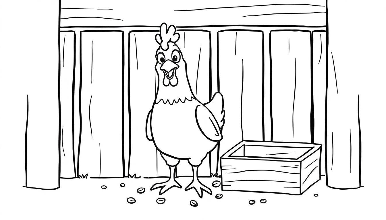 Schwarz-Weiß-Farbtafel-Illustration eines Huhns, das auf einem Feld mit Körnern steht, mit einem Holzzaun und einer Kiste im Hintergrund.
