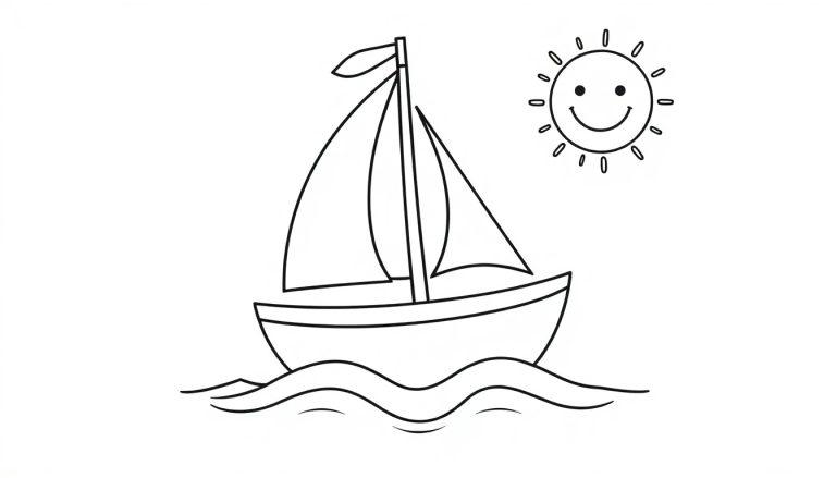 Ein einfaches schwarz-weiß gezeichnetes Segelboot mit lächelnder Sonne, bereit zum Ausmalen: Farbtafel.