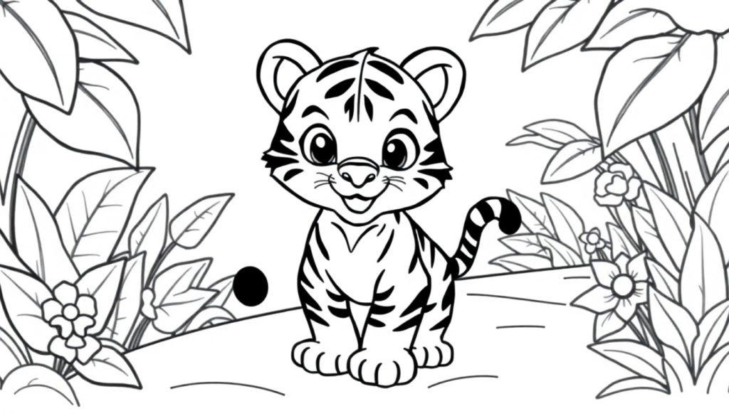 Schwarz-weiße Farbtafel: Niedliches Tigerjunge mit Streifen im Dschungel, bereit zum Ausmalen.
